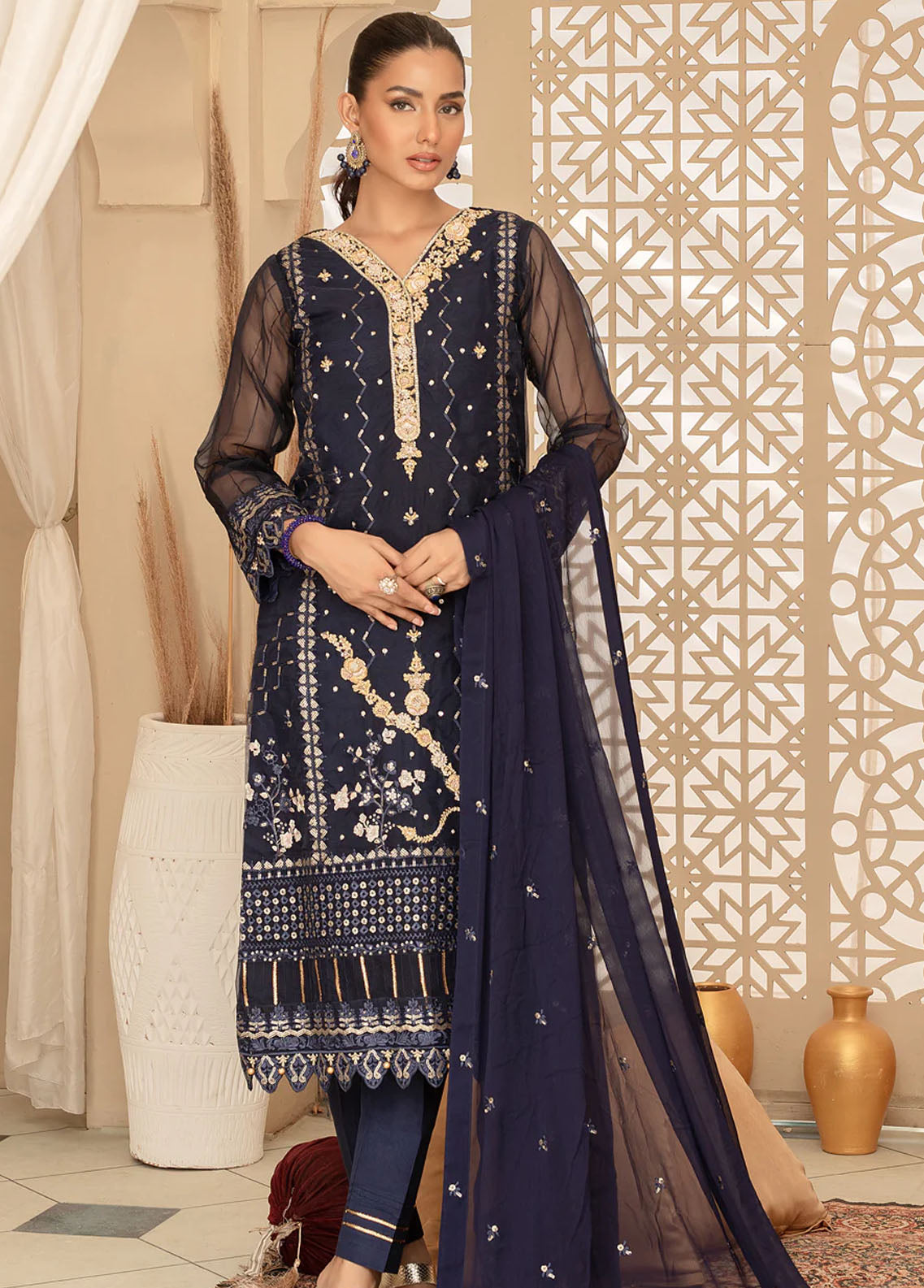 Shamooz Pret Embroidered Organza 3 Piece Suit SHM23K SEM-0509 Galaxy Blue