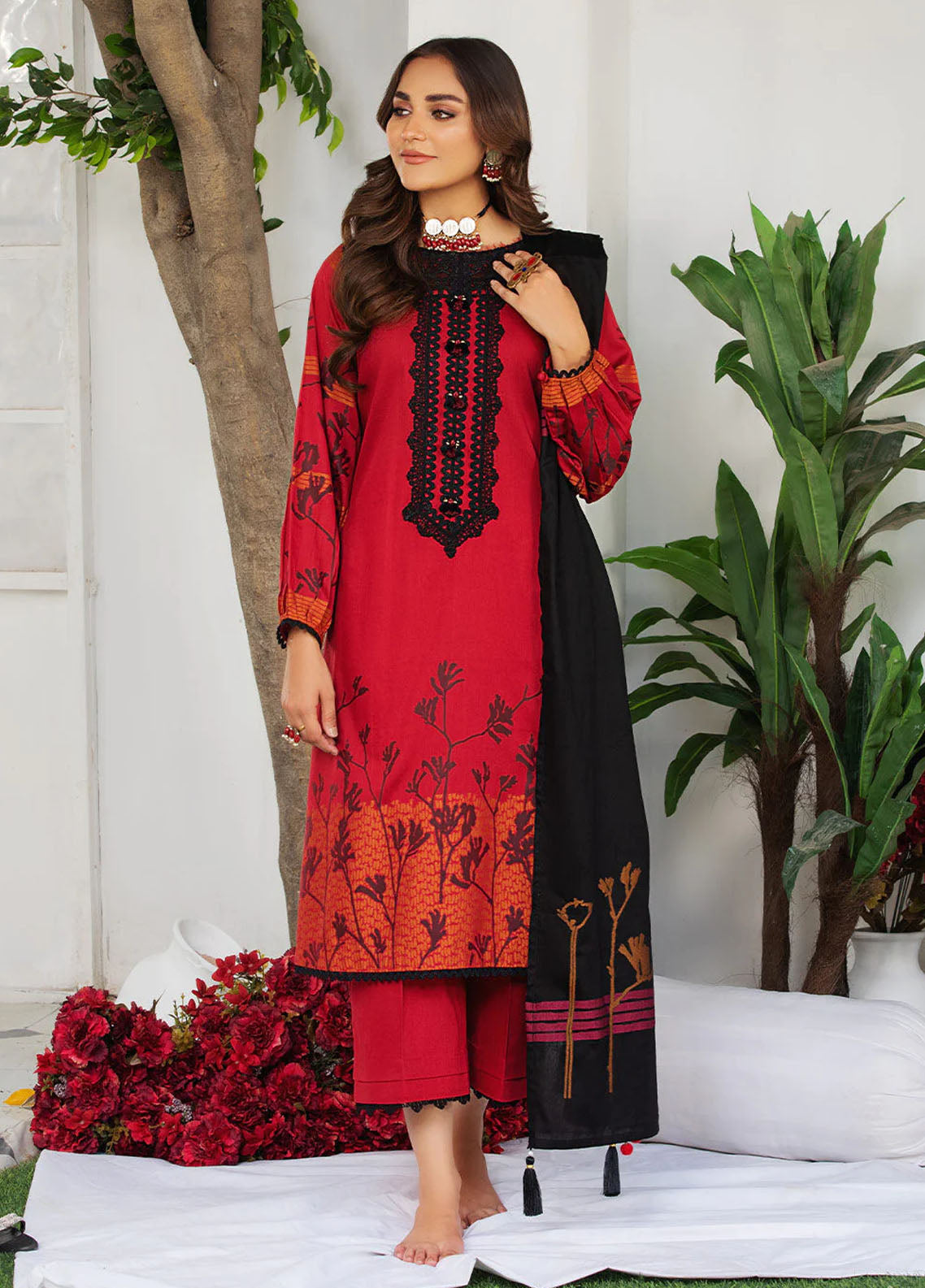 La Rosaa Pret Embroidered Cotton 3 Piece Suit JLA08 RED