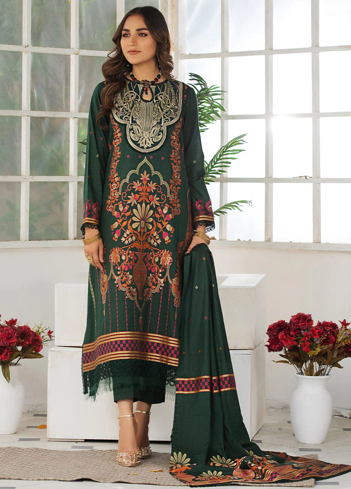 La Rosaa Pret Embroidered Cotton 3 Piece Suit JLA09 GREEN