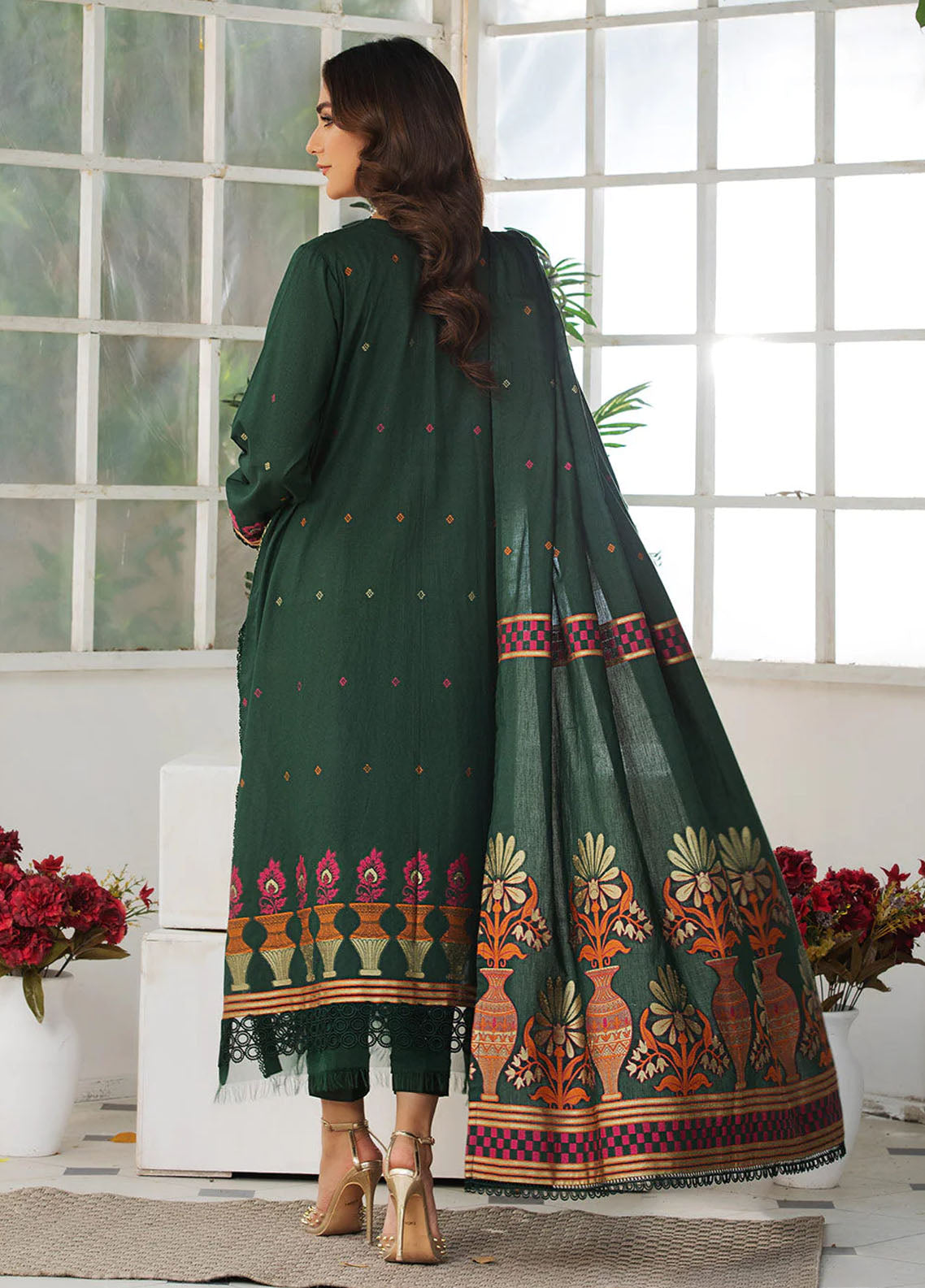 La Rosaa Pret Embroidered Cotton 3 Piece Suit JLA09 GREEN