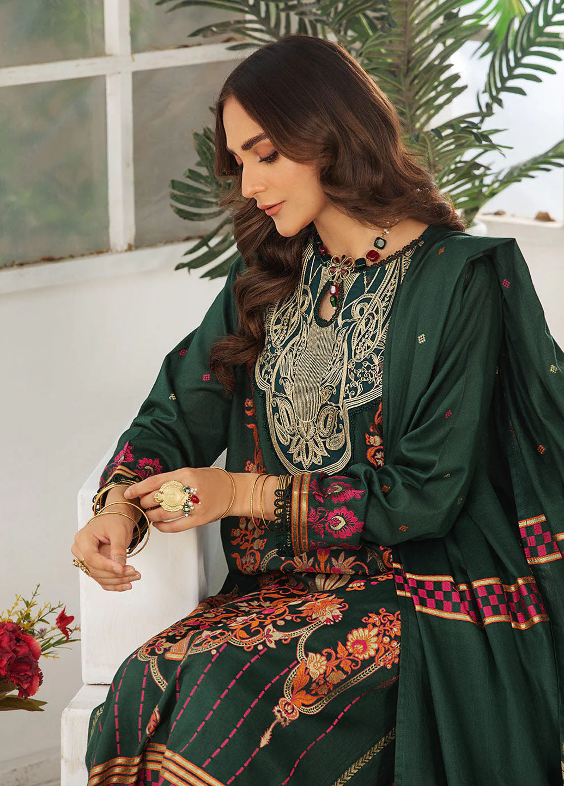 La Rosaa Pret Embroidered Cotton 3 Piece Suit JLA09 GREEN