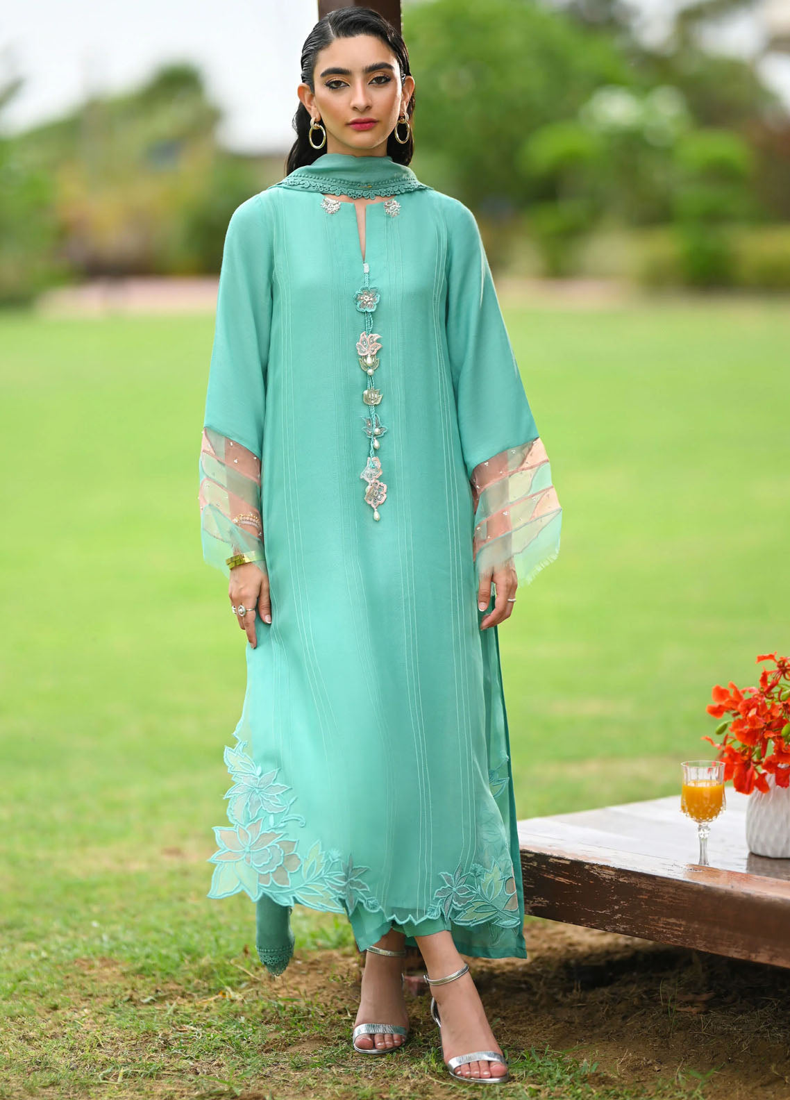 Hue Pret Embroidered Raw Silk 3 Piece Suit Breeze