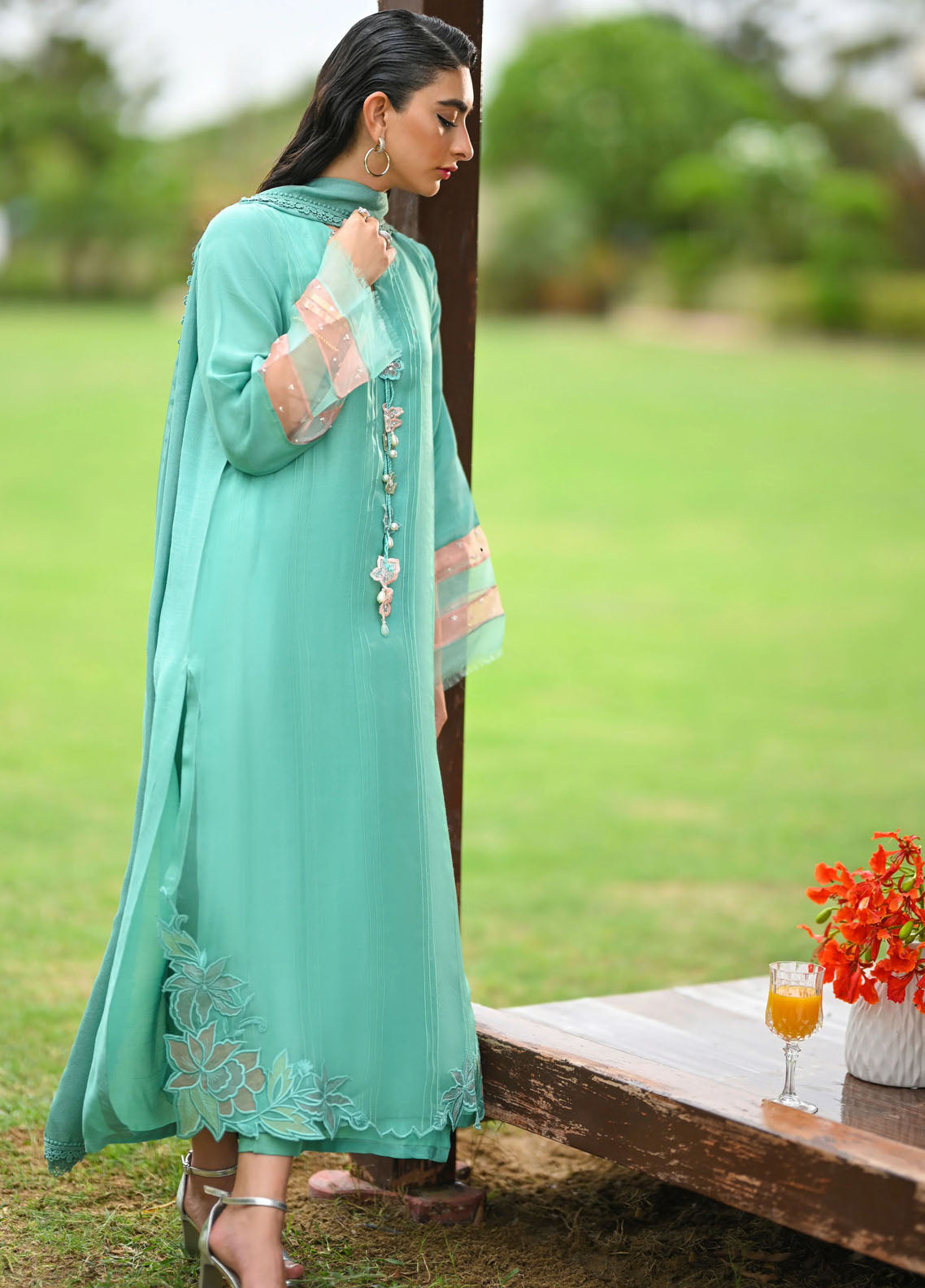 Hue Pret Embroidered Raw Silk 3 Piece Suit Breeze