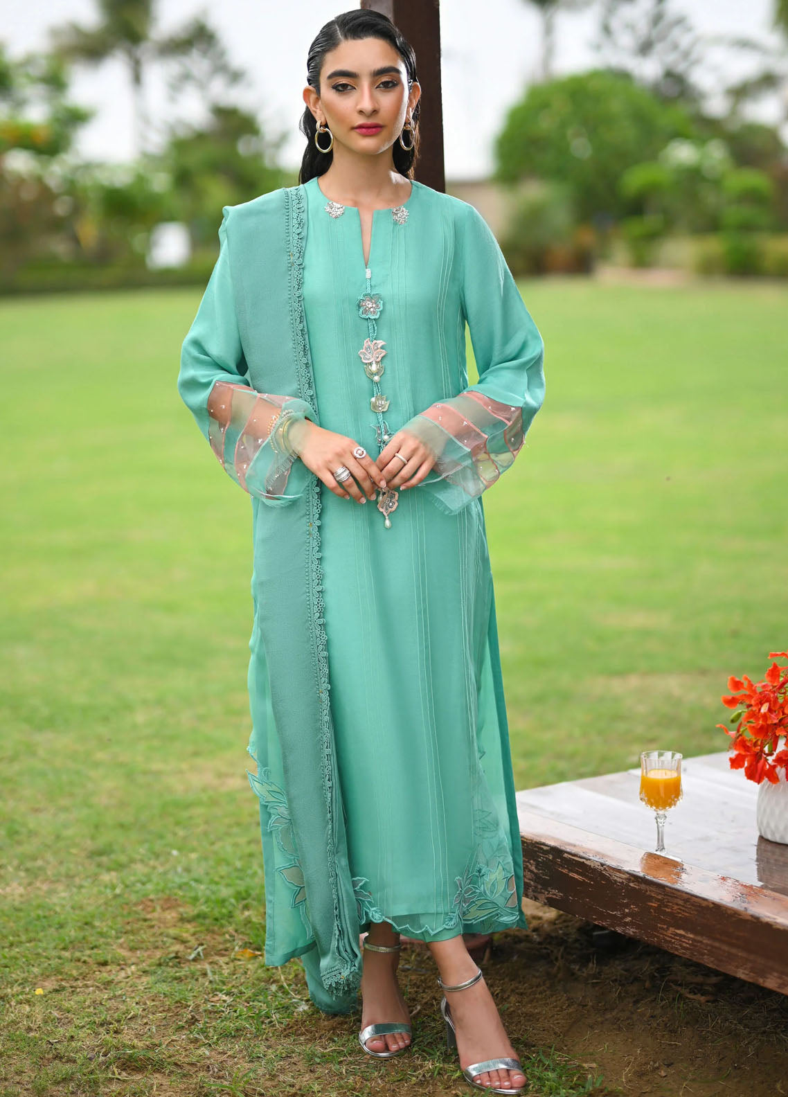 Hue Pret Embroidered Raw Silk 3 Piece Suit Breeze
