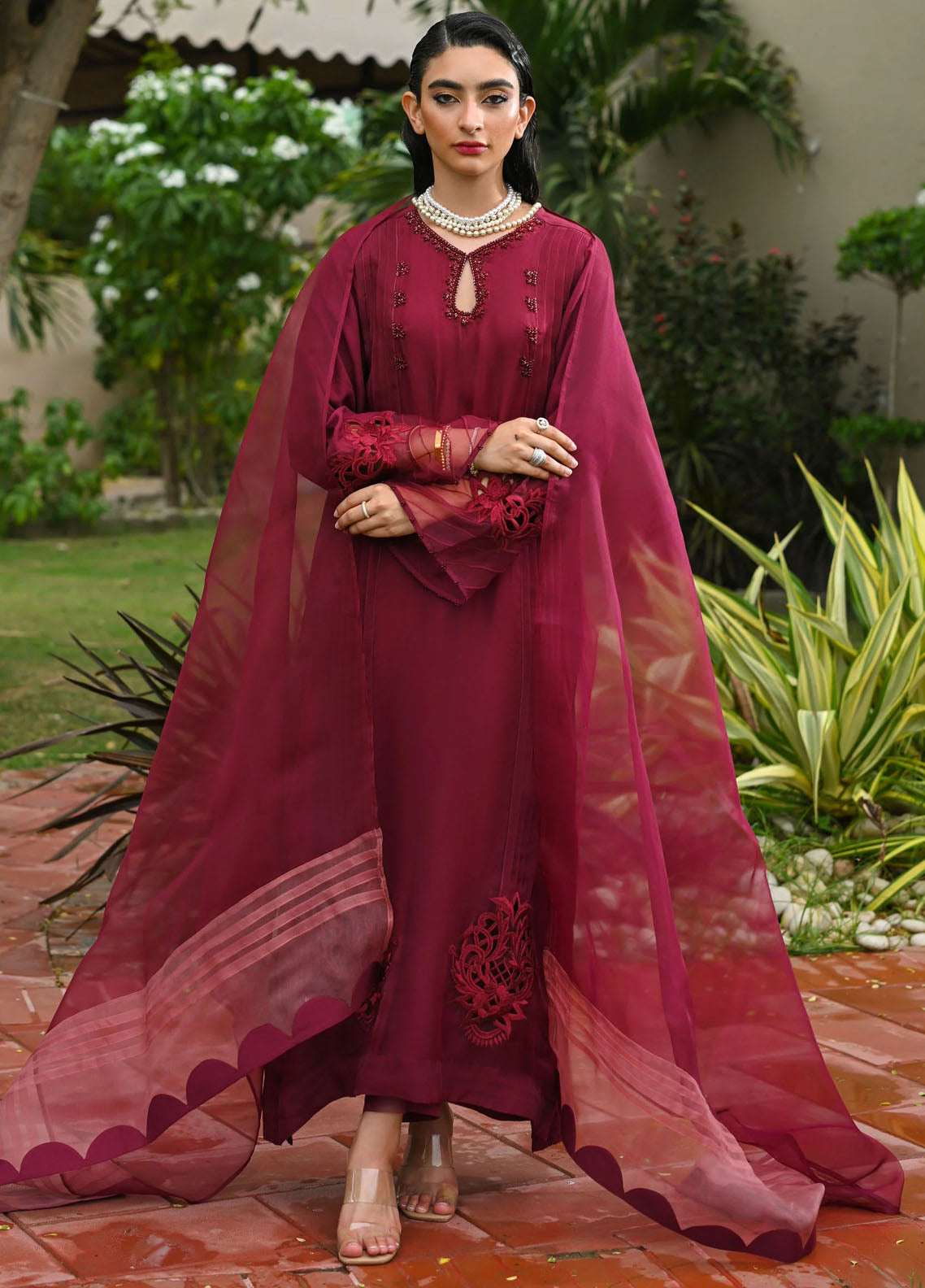 Hue Pret Embroidered Raw Silk 3 Piece Suit Crimson