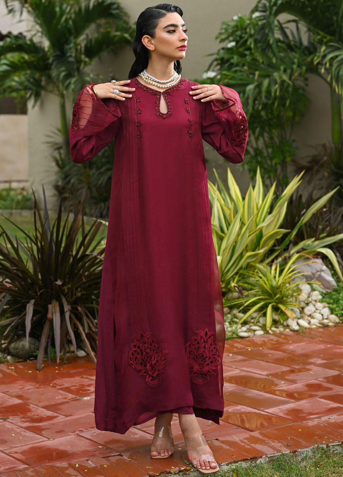 Hue Pret Embroidered Raw Silk 3 Piece Suit Crimson