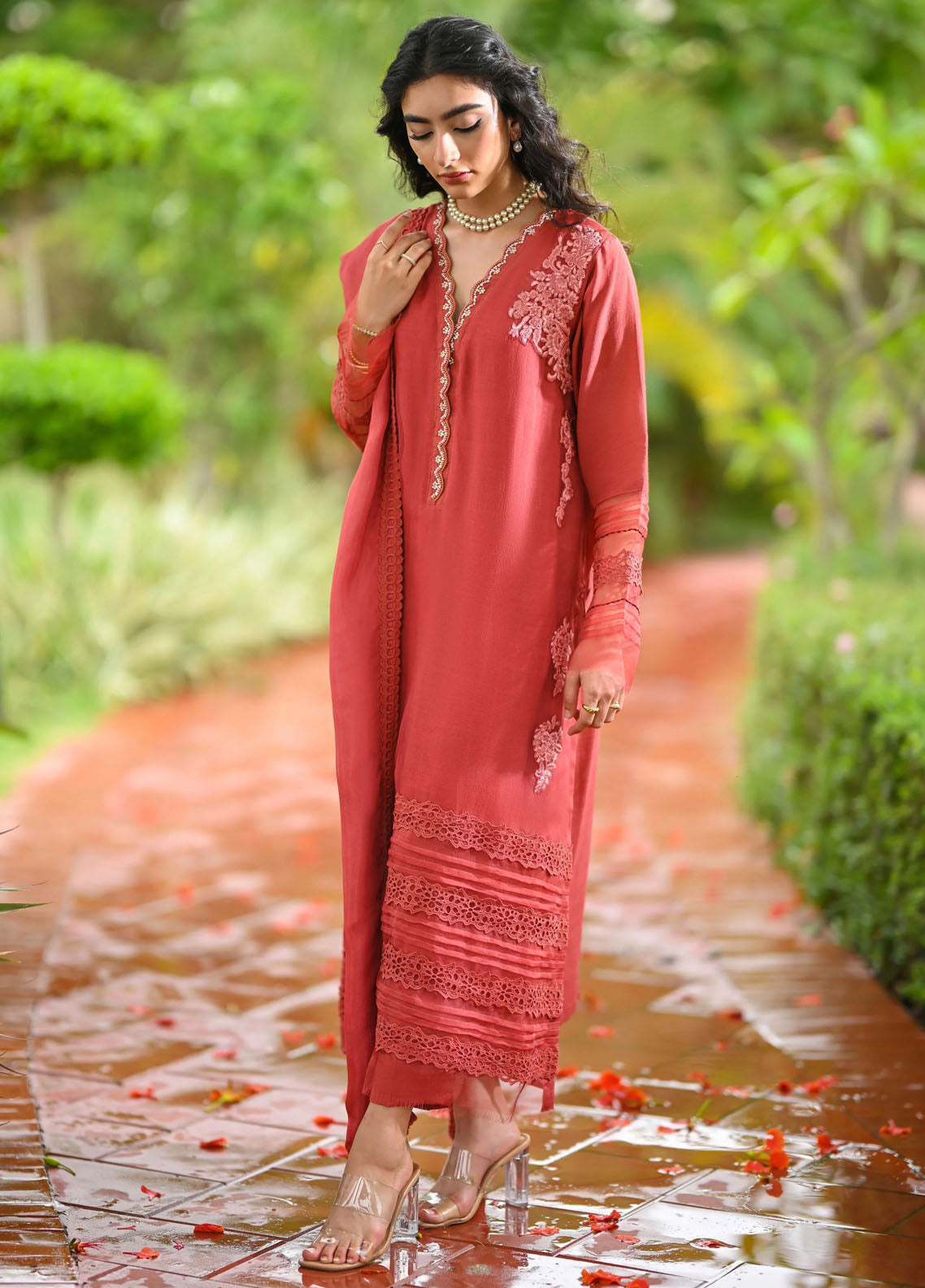 Hue Pret Embroidered Raw Silk 3 Piece Suit Dahlia