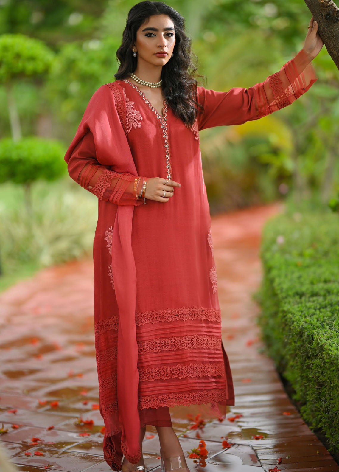 Hue Pret Embroidered Raw Silk 3 Piece Suit Dahlia