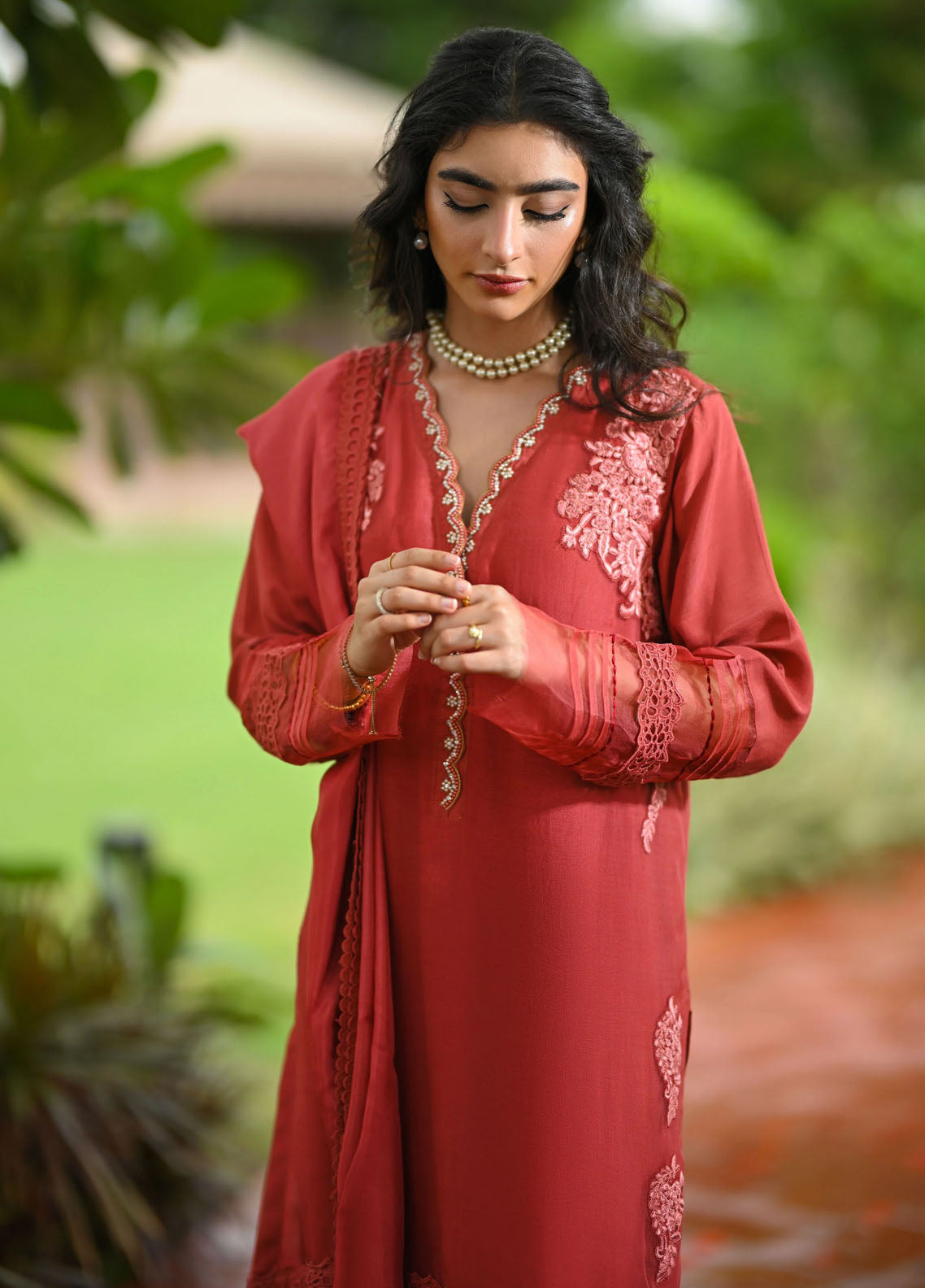 Hue Pret Embroidered Raw Silk 3 Piece Suit Dahlia