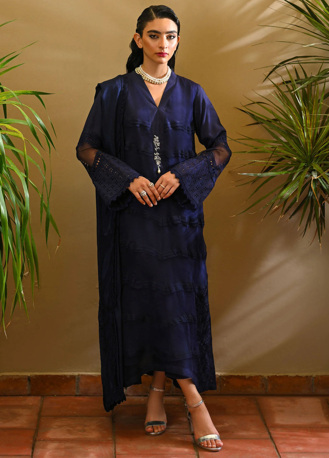 Hue Pret Embroidered Raw Silk 3 Piece Suit Iris