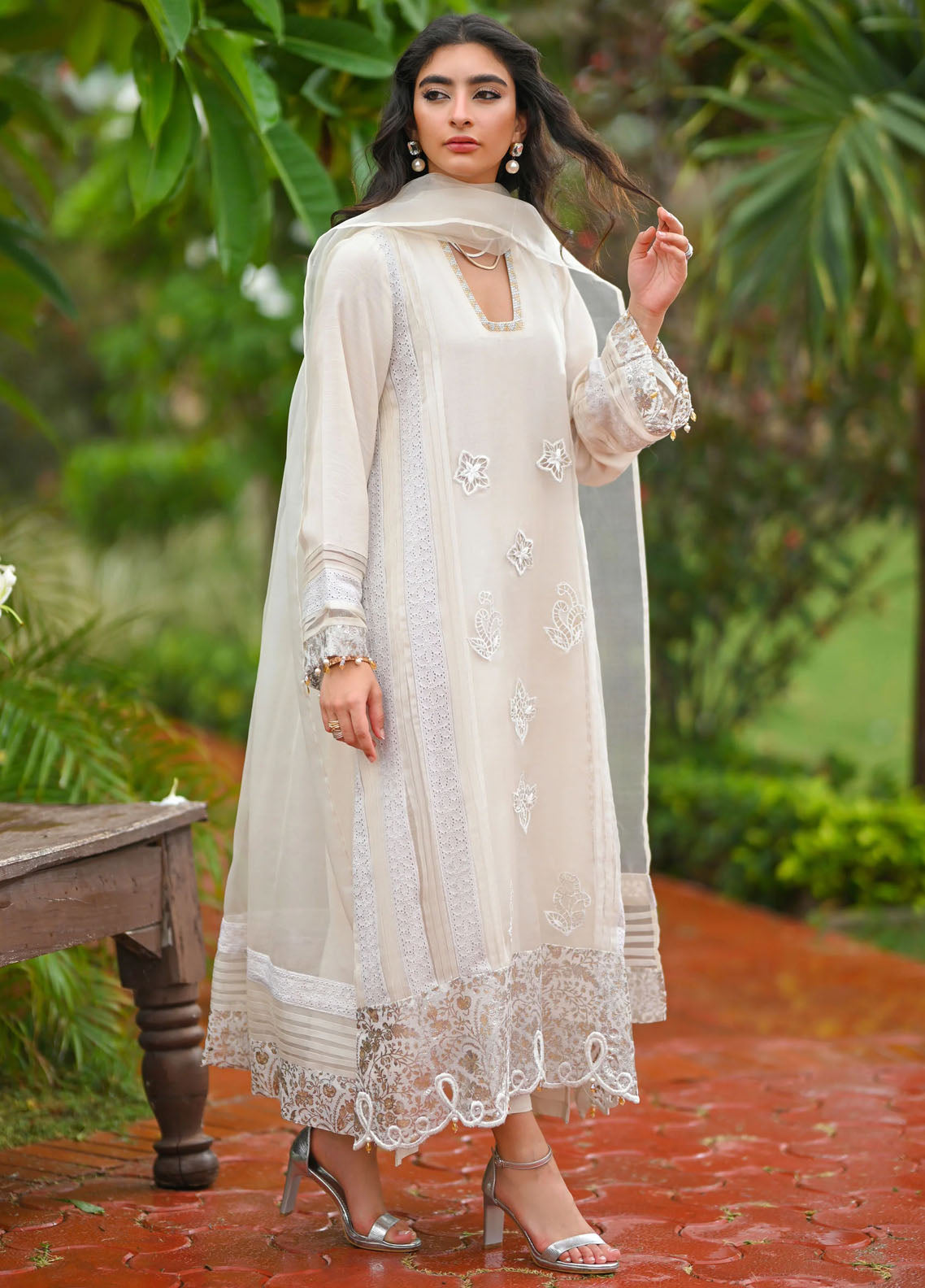 Hue Pret Embroidered Raw Silk 3 Piece Suit Pearl