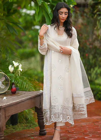 Hue Pret Embroidered Raw Silk 3 Piece Suit Pearl