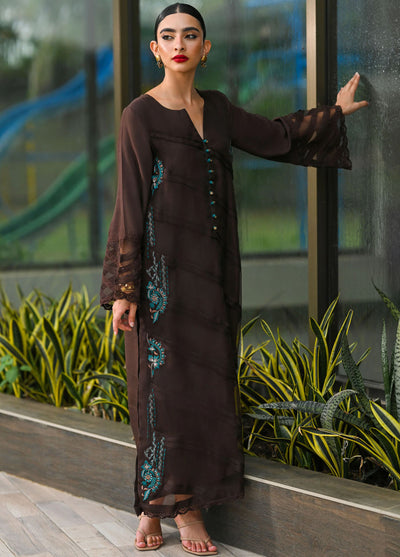 Hue Pret Embroidered Raw Silk 3 Piece Suit Sahara