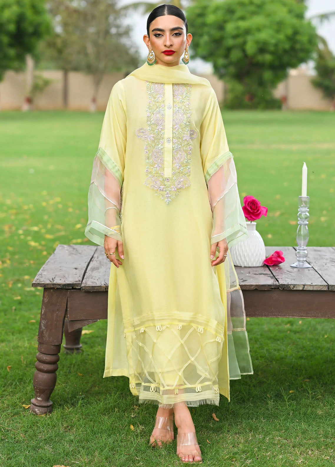Hue Pret Embroidered Raw Silk 3 Piece Suit Tulip