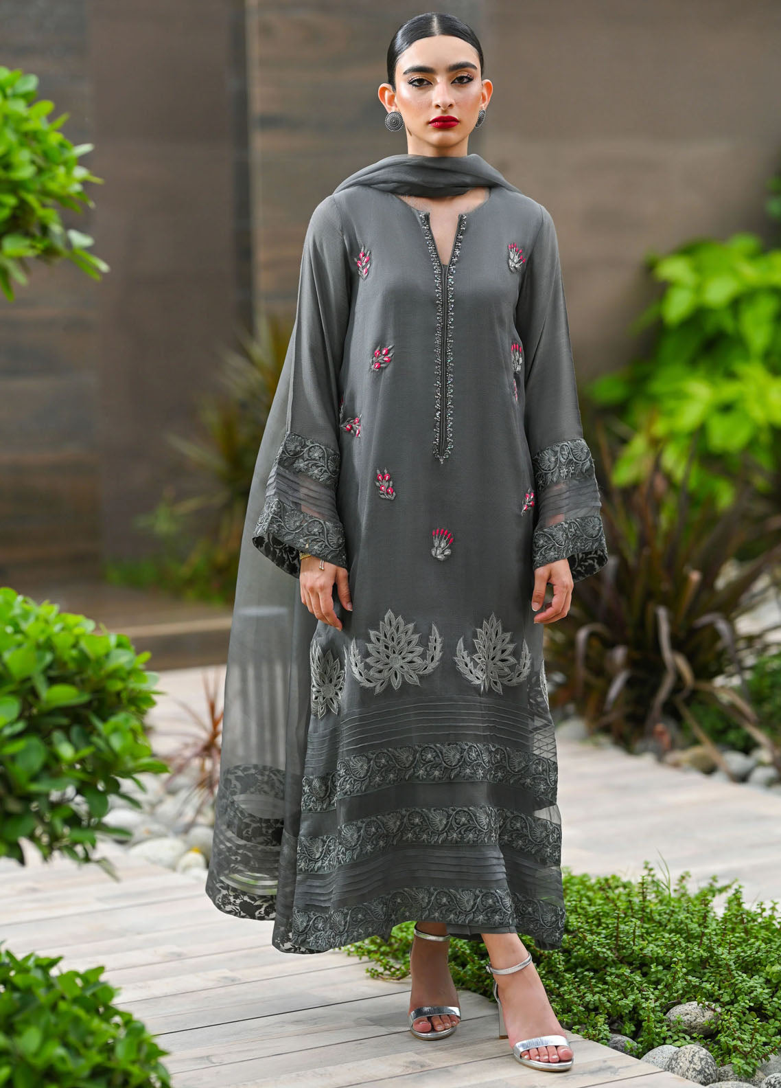 Hue Pret Embroidered Raw Silk 3 Piece Suit Zephyr