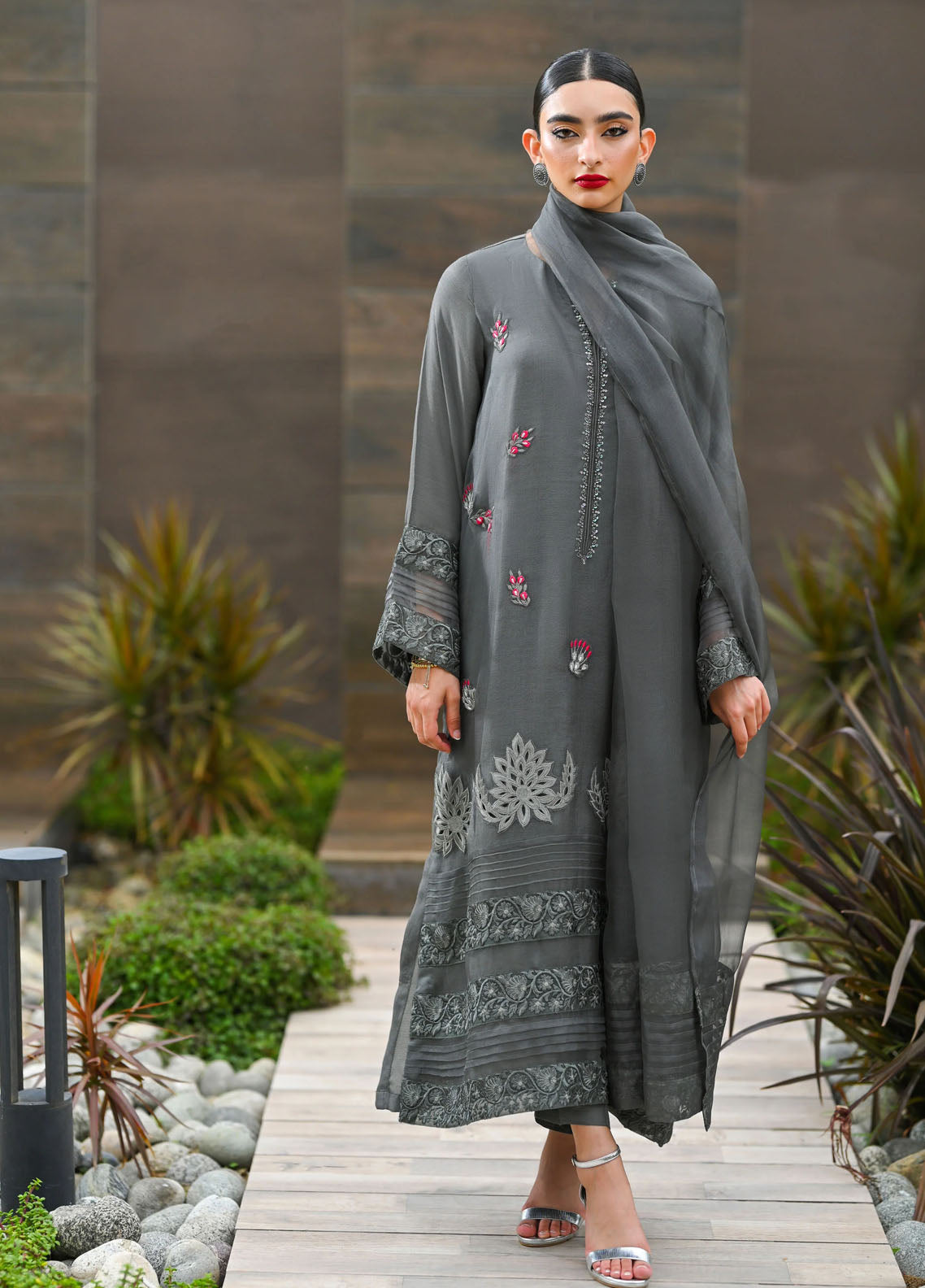 Hue Pret Embroidered Raw Silk 3 Piece Suit Zephyr