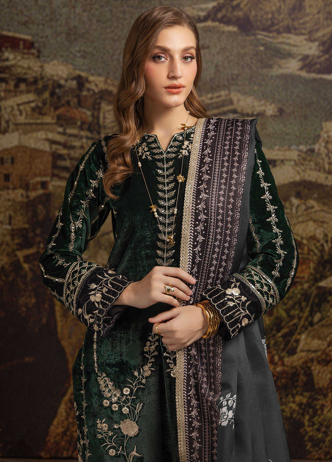 Merakish by Shahzeb Textiles Luxury Velvet Collection 2024 British Green