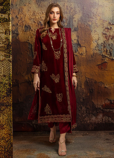 Merakish by Shahzeb Textiles Luxury Velvet Collection 2024 Wine Maroon