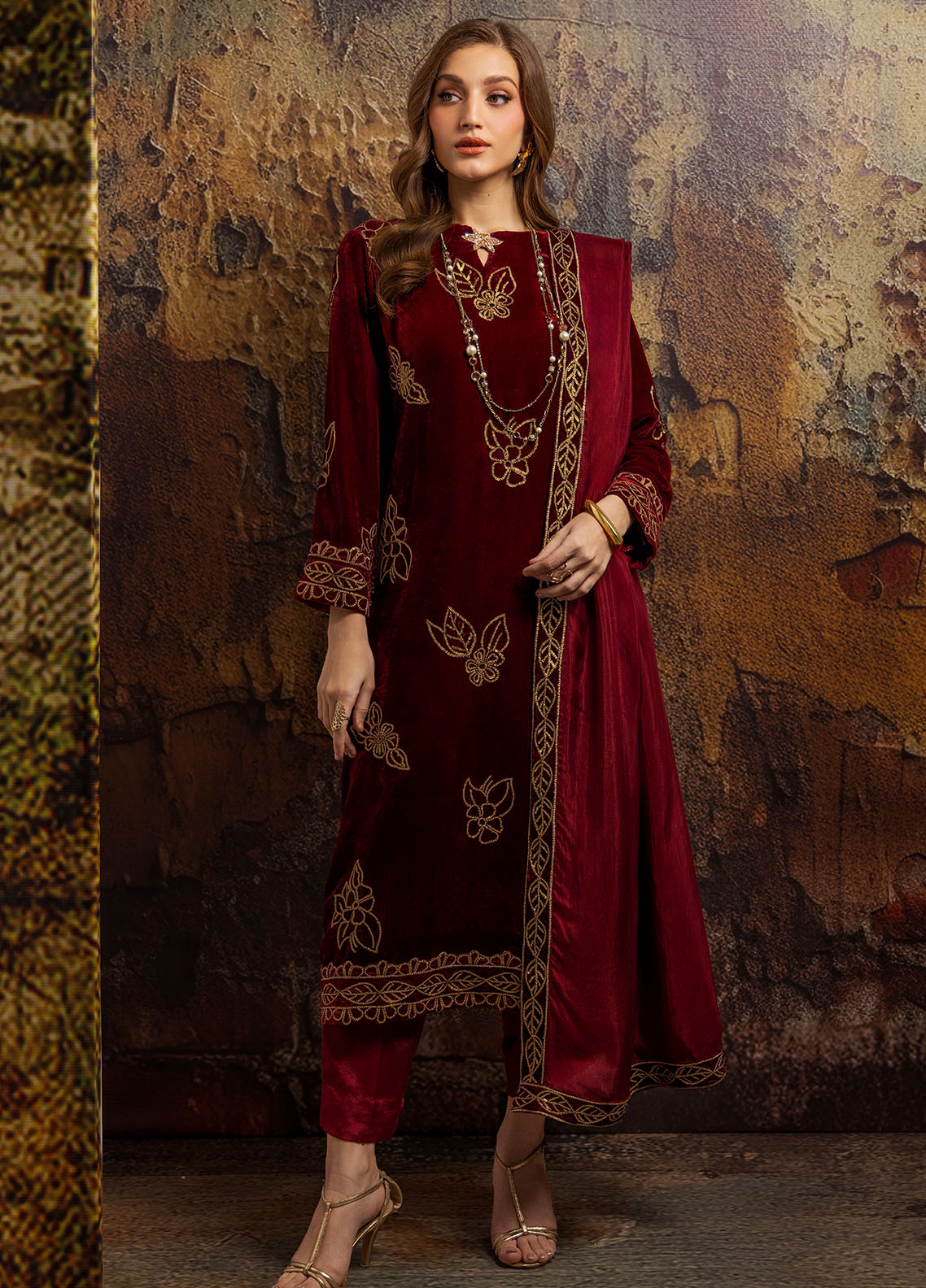 Merakish by Shahzeb Textiles Luxury Velvet Collection 2024 Wine Maroon