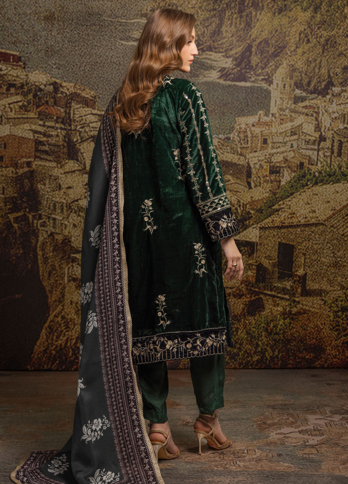 Merakish by Shahzeb Textiles Luxury Velvet Collection 2024 British Green