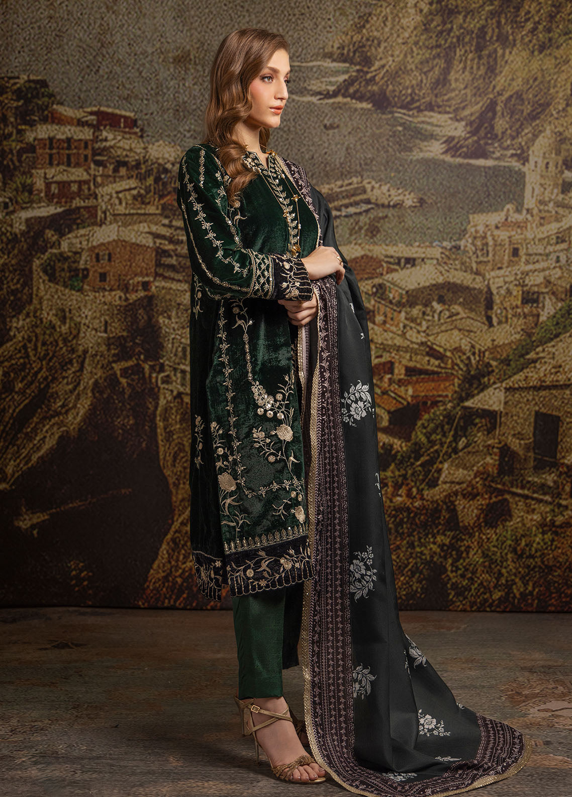 Merakish by Shahzeb Textiles Luxury Velvet Collection 2024 British Green