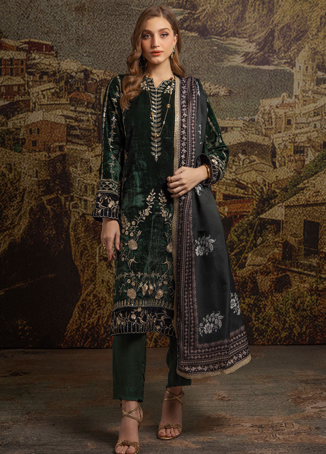 Merakish by Shahzeb Textiles Luxury Velvet Collection 2024 British Green