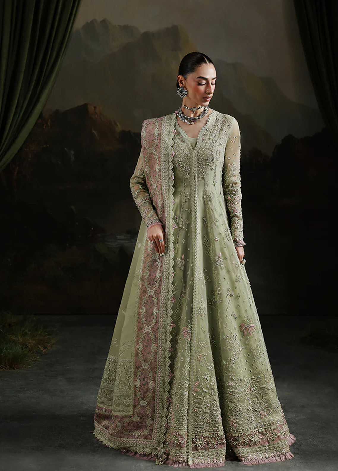 Elirah by Qalamkar Embroidered Organza Suits Unstitched 3 Piece QLM25EF MF-02 Sage Aura