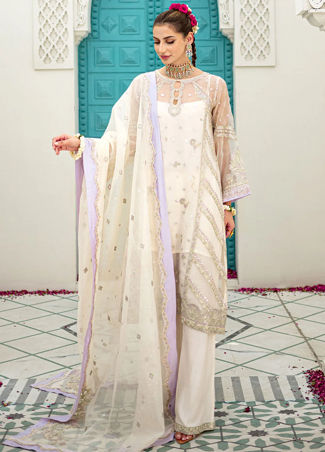 Maheer By Dhanak Embroidered Munar Suits Unstitched 4 Piece DHK23MH DU-3172 Off-White - Festive Collection