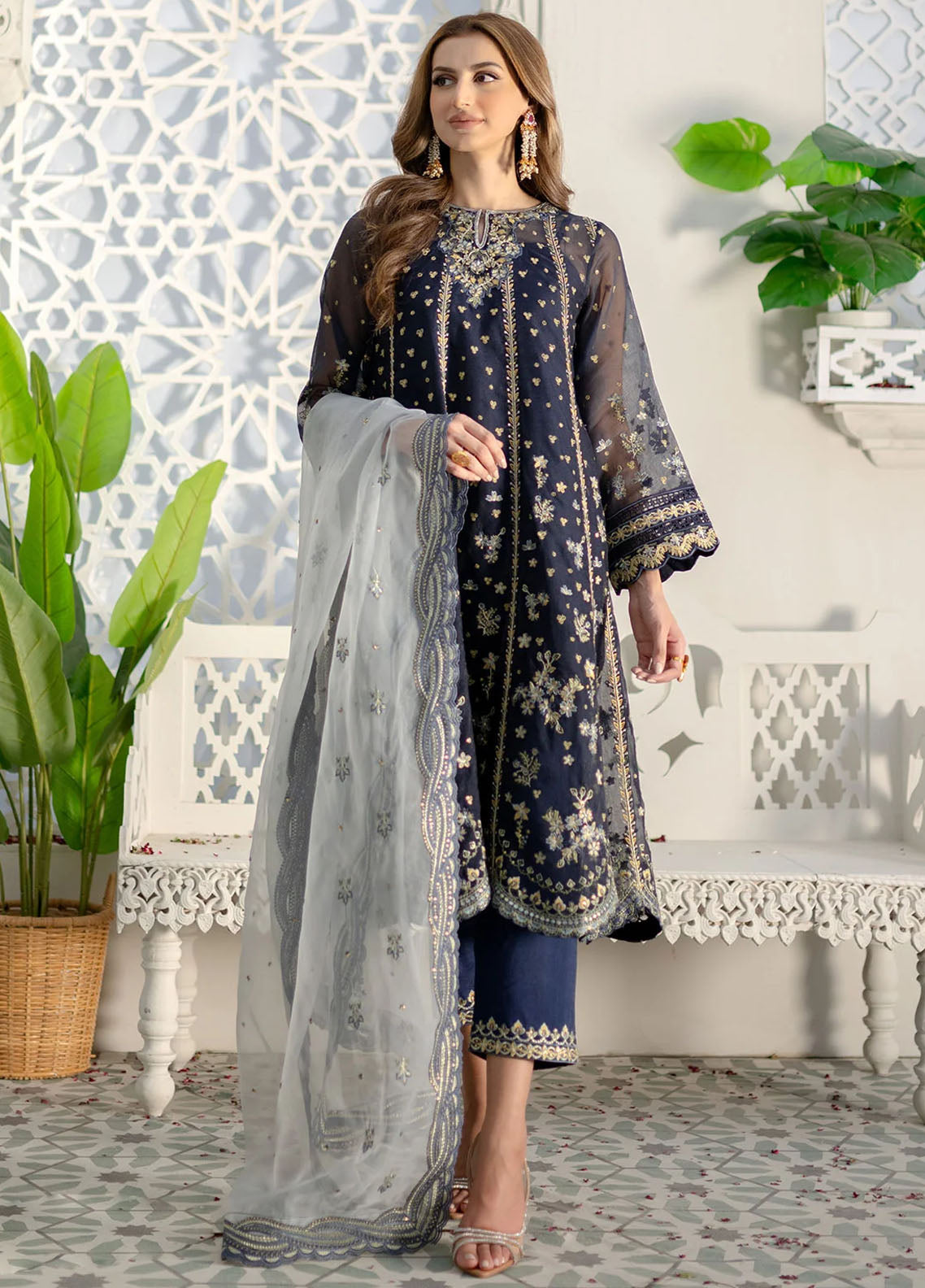 Maheer By Dhanak Embroidered Net Suits Unstitched 4 Piece DHK23MH DU-3165 Navy Blue - Festive Collection