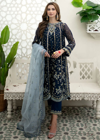 Maheer By Dhanak Embroidered Net Suits Unstitched 4 Piece DHK23MH DU-3165 Navy Blue - Festive Collection