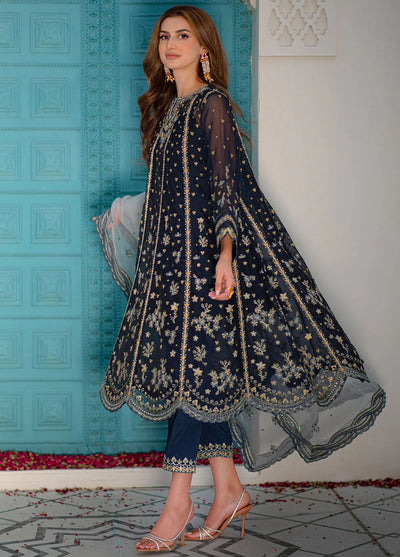 Maheer By Dhanak Embroidered Net Suits Unstitched 4 Piece DHK23MH DU-3165 Navy Blue - Festive Collection