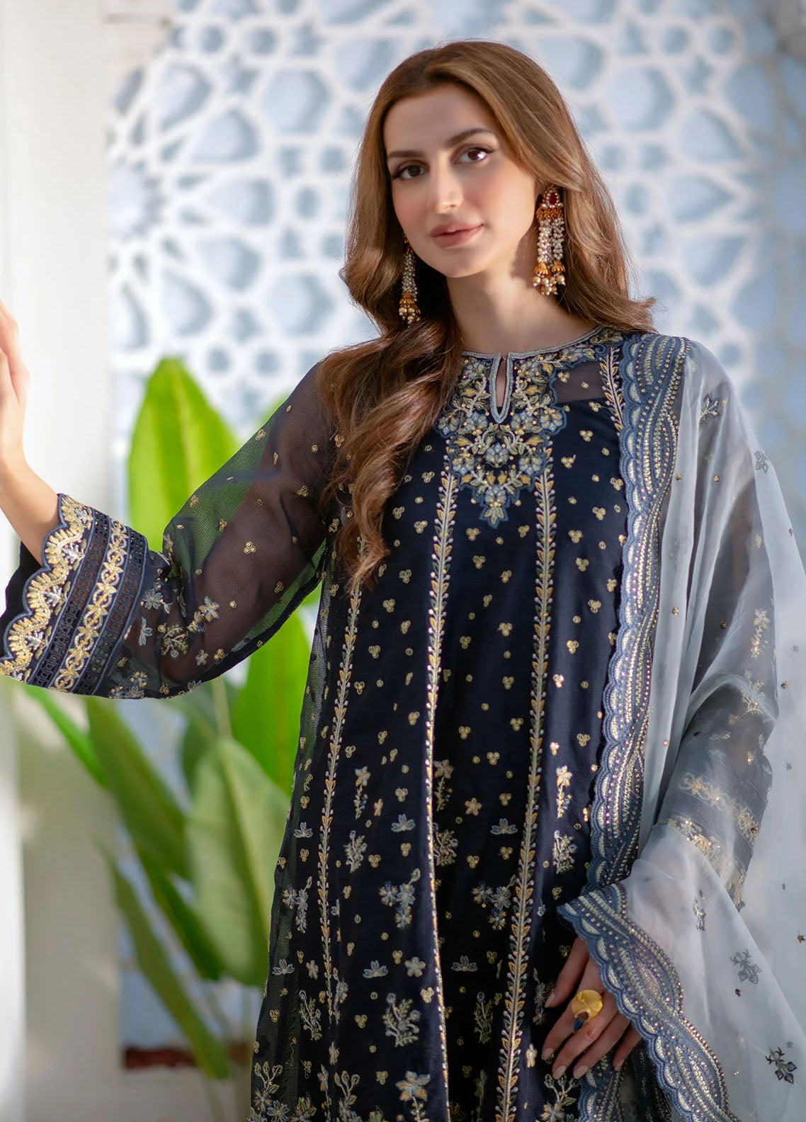 Maheer By Dhanak Embroidered Net Suits Unstitched 4 Piece DHK23MH DU-3165 Navy Blue - Festive Collection