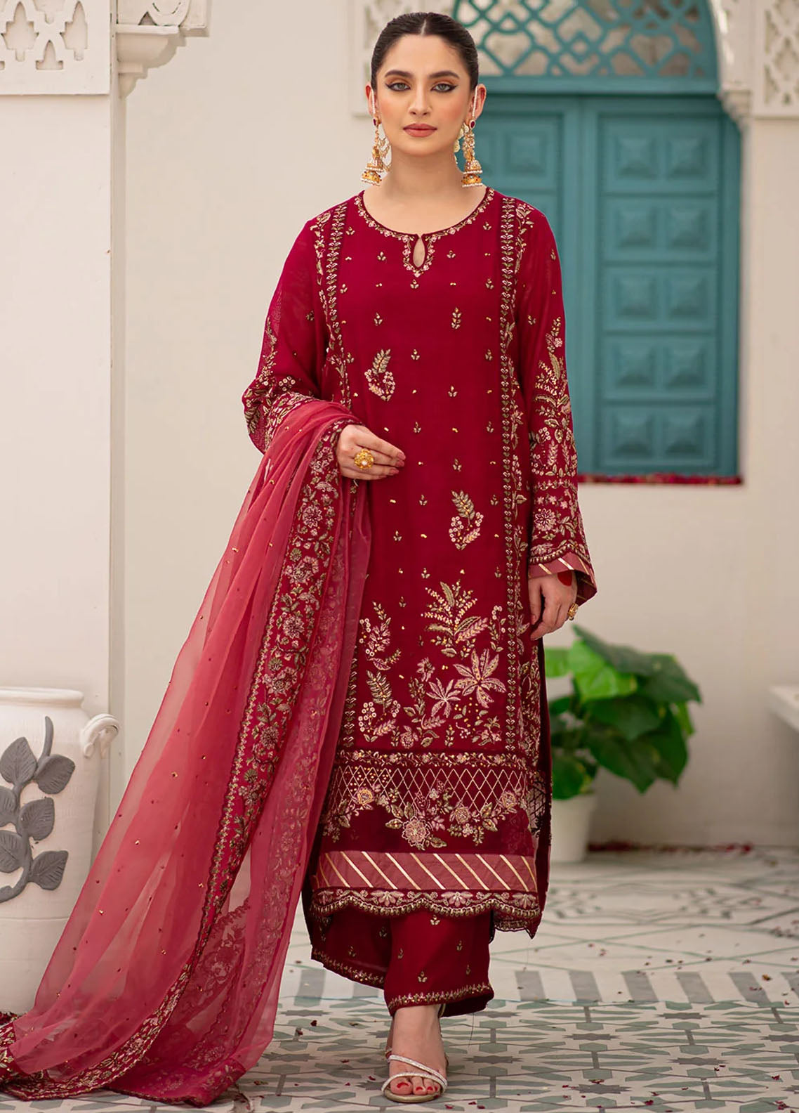 Maheer By Dhanak Embroidered Net Suits Unstitched 4 Piece DHK23MH DU-3166 Mauve - Festive Collection