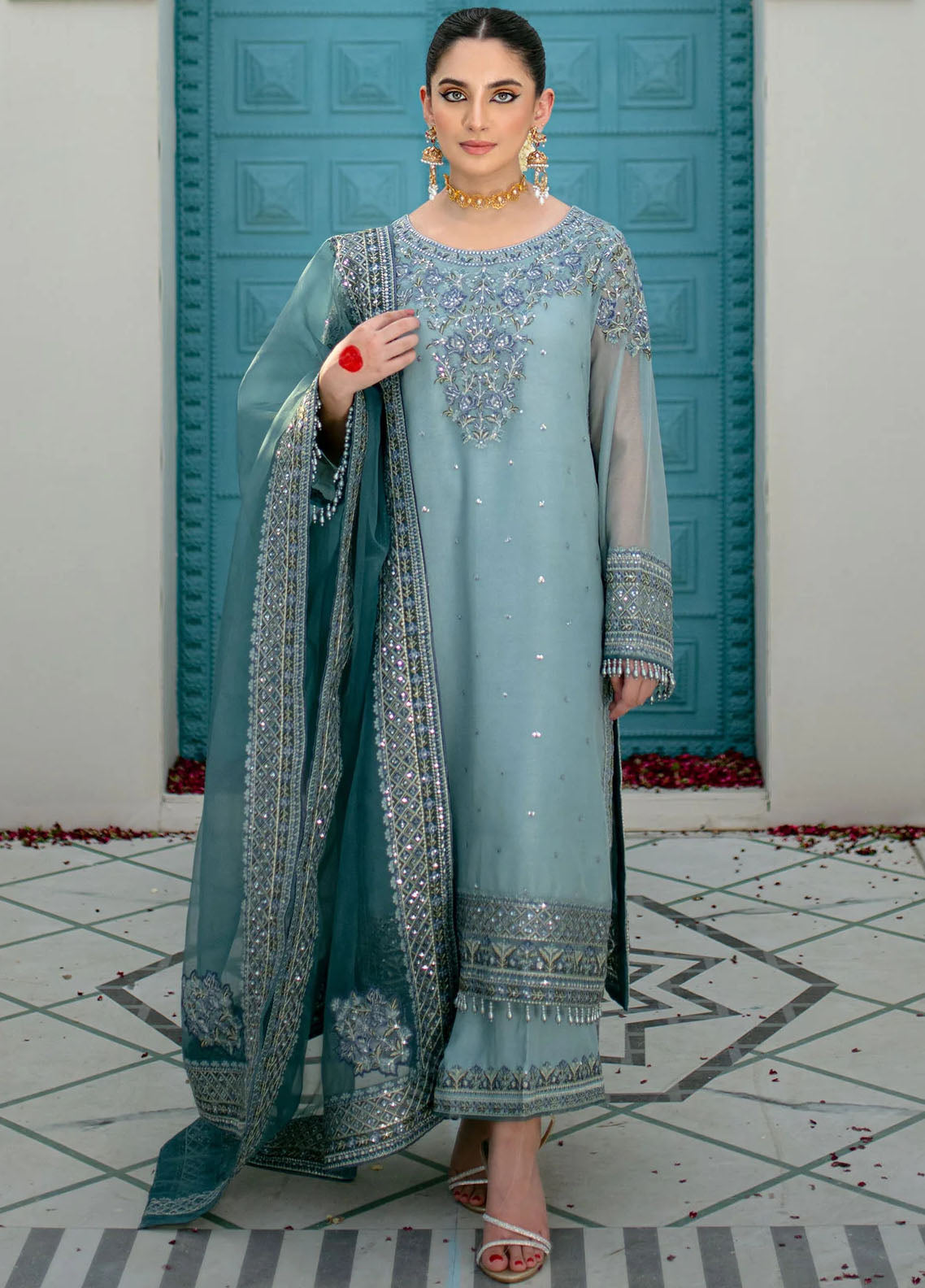 Maheer By Dhanak Embroidered Net Suits Unstitched 4 Piece DHK23MH DU-3167 Skyblue - Festive Collection