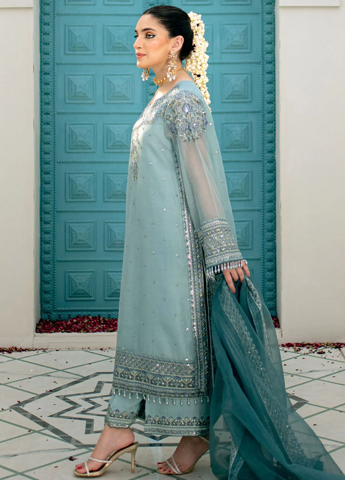 Maheer By Dhanak Embroidered Net Suits Unstitched 4 Piece DHK23MH DU-3167 Skyblue - Festive Collection