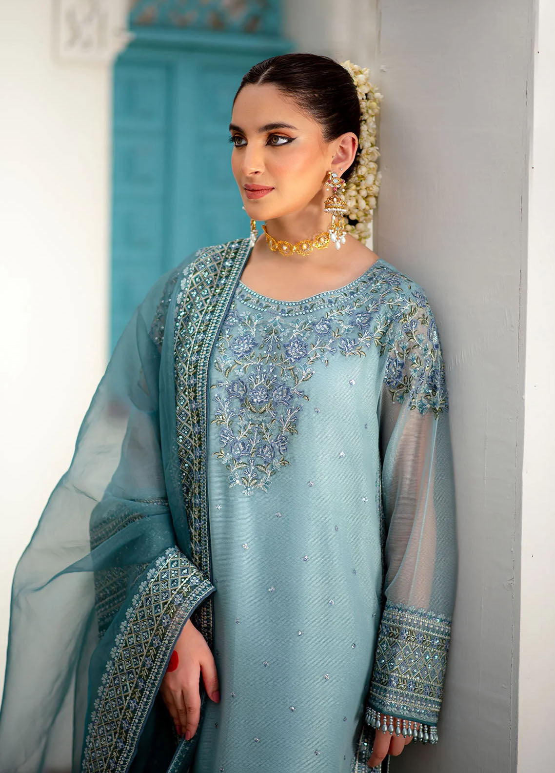 Maheer By Dhanak Embroidered Net Suits Unstitched 4 Piece DHK23MH DU-3167 Skyblue - Festive Collection