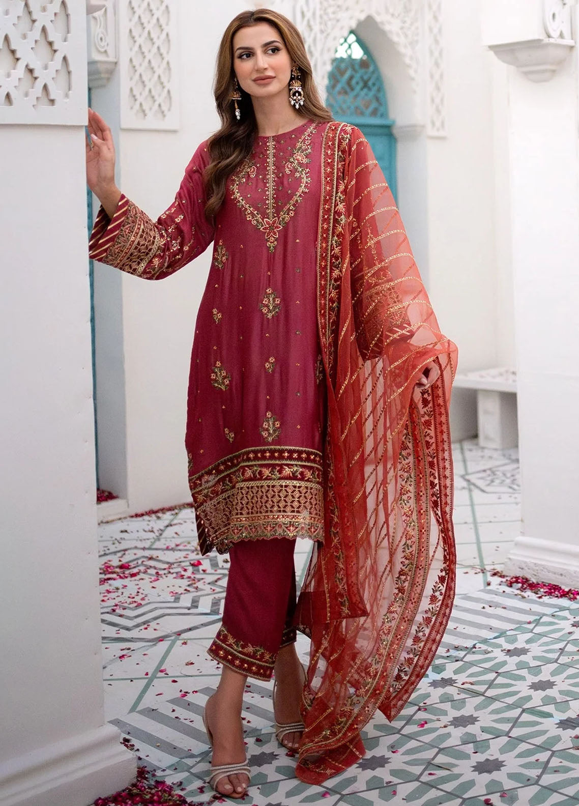 Maheer By Dhanak Embroidered Cotton Suits Unstitched 3 Piece DHK23MH DU-3168 Rust - Festive Collection