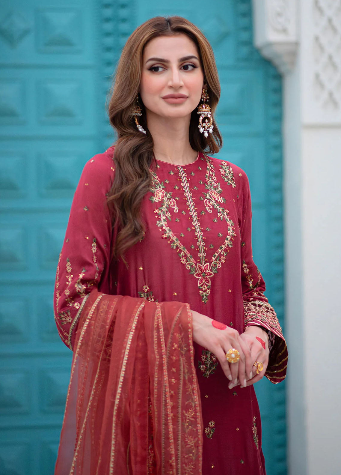 Maheer By Dhanak Embroidered Cotton Suits Unstitched 3 Piece DHK23MH DU-3168 Rust - Festive Collection