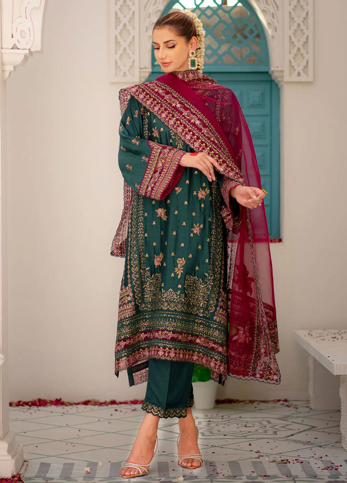 Maheer By Dhanak Embroidered Cotton Suits Unstitched 3 Piece DHK23MH DU-3169 Dark Green - Festive Collection