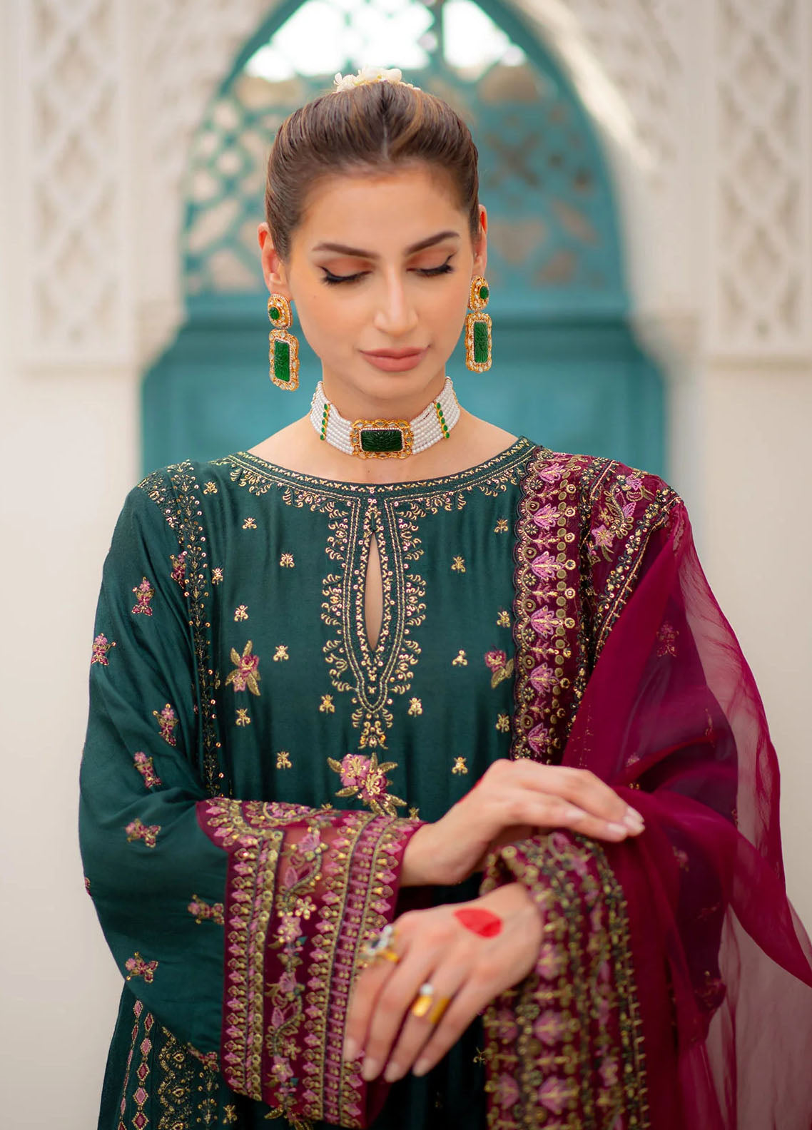 Maheer By Dhanak Embroidered Cotton Suits Unstitched 3 Piece DHK23MH DU-3169 Dark Green - Festive Collection