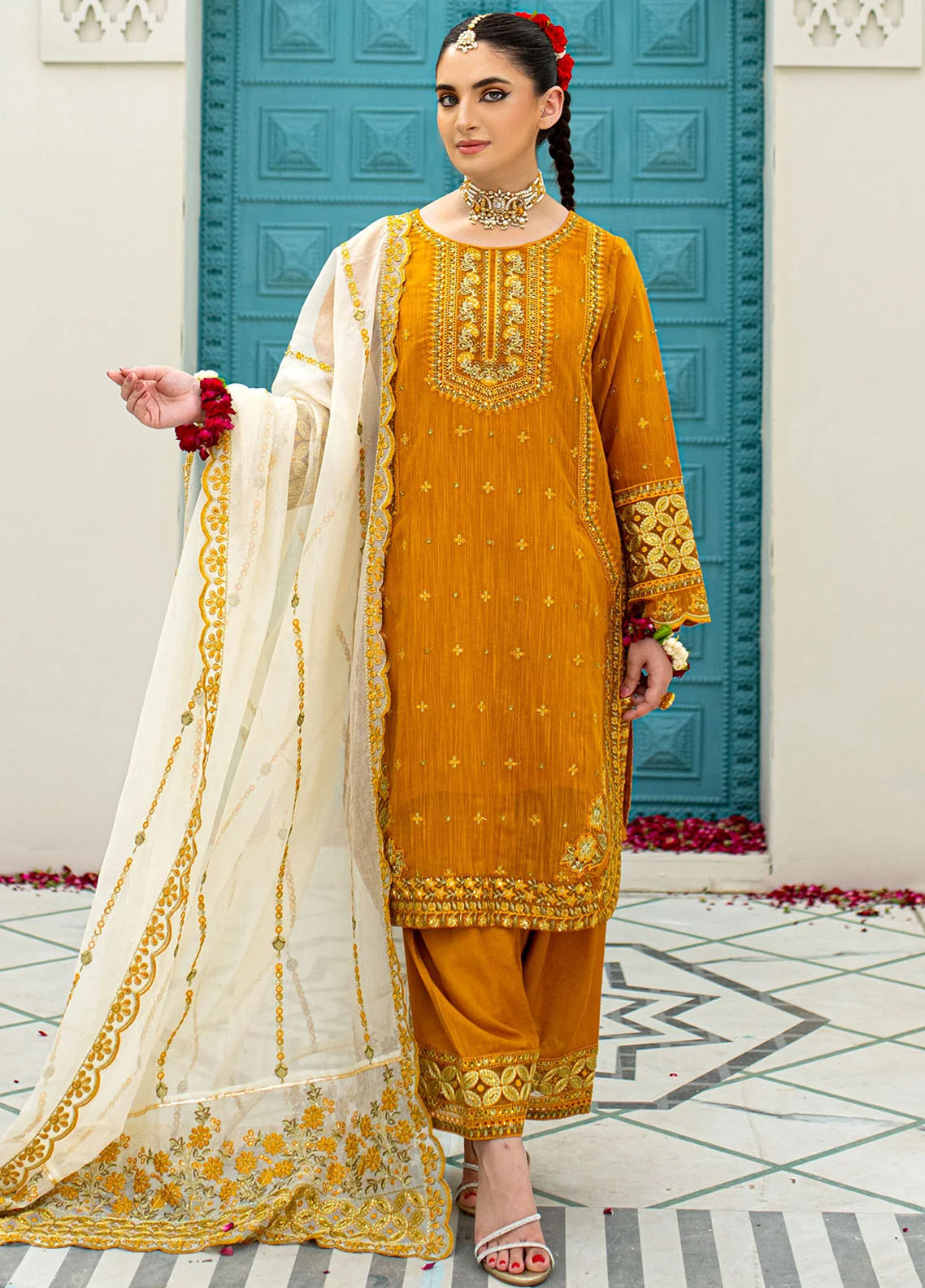 Maheer By Dhanak Embroidered Munar Suits Unstitched 4 Piece DHK23MH DU-3171 Mustard - Festive Collection