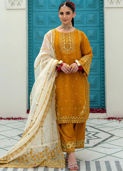 Maheer By Dhanak Embroidered Munar Suits Unstitched 4 Piece DHK23MH DU-3171 Mustard - Festive Collection