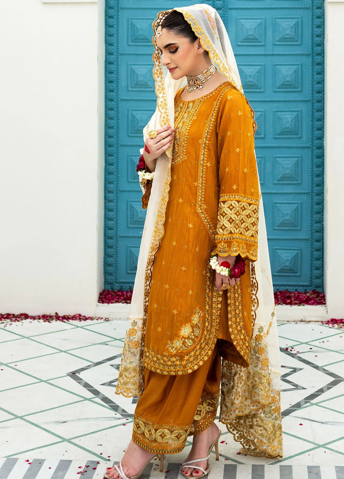 Maheer By Dhanak Embroidered Munar Suits Unstitched 4 Piece DHK23MH DU-3171 Mustard - Festive Collection