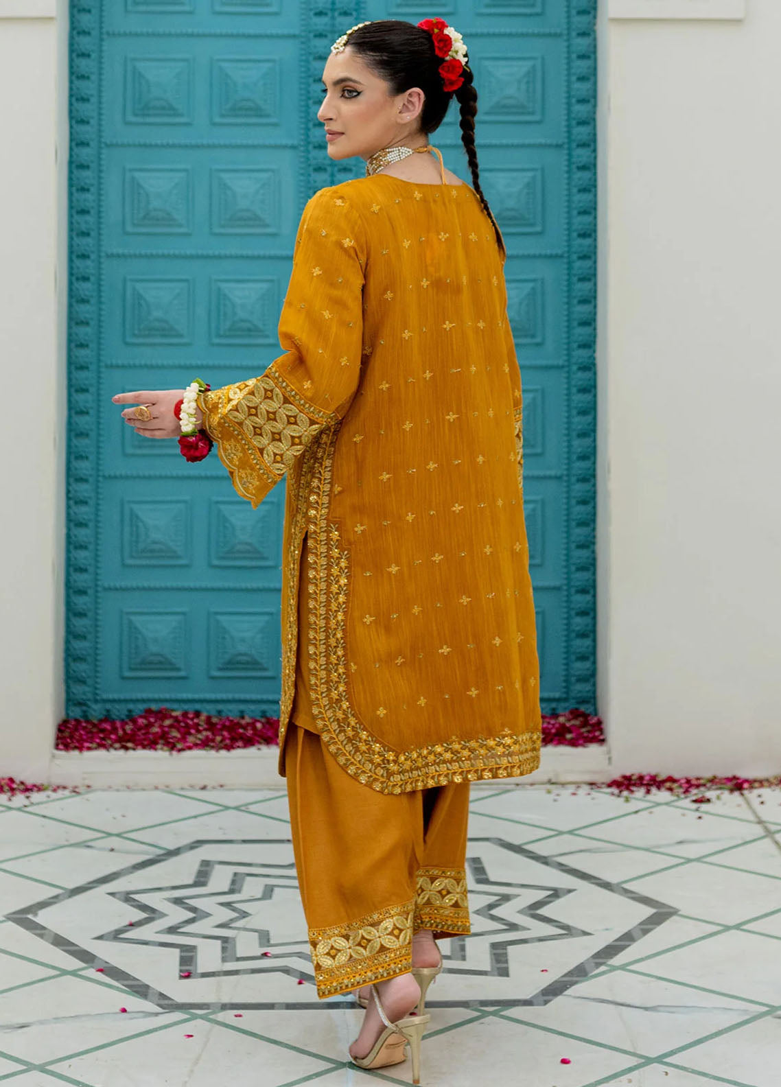 Maheer By Dhanak Embroidered Munar Suits Unstitched 4 Piece DHK23MH DU-3171 Mustard - Festive Collection