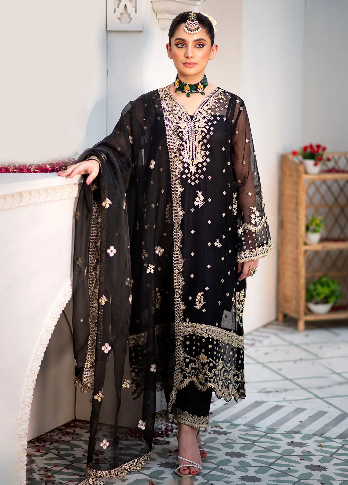 Maheer By Dhanak Embroidered Net Suits Unstitched 4 Piece DHK23MH DU-3173 Black - Festive Collection