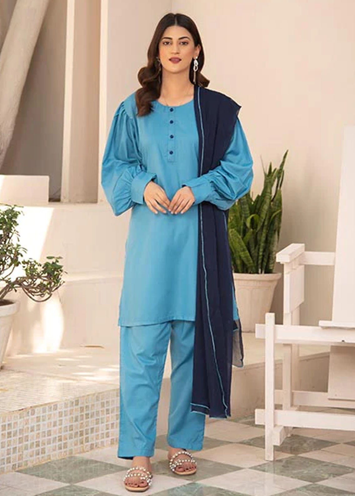 Nazmina Pret Casual Cotton 3 Piece Suit NZ23M Icy Blue (KP-258)
