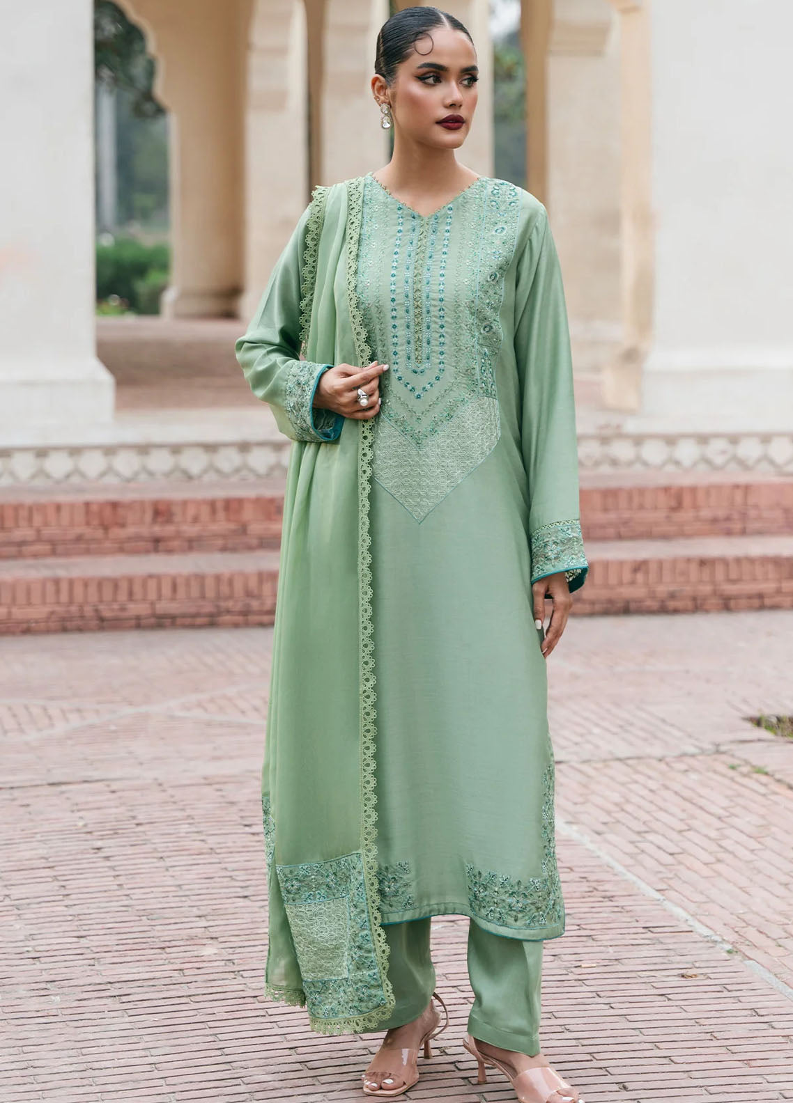 Mannat Pret Embroidered Raw Silk 3 Piece Suit Sovana