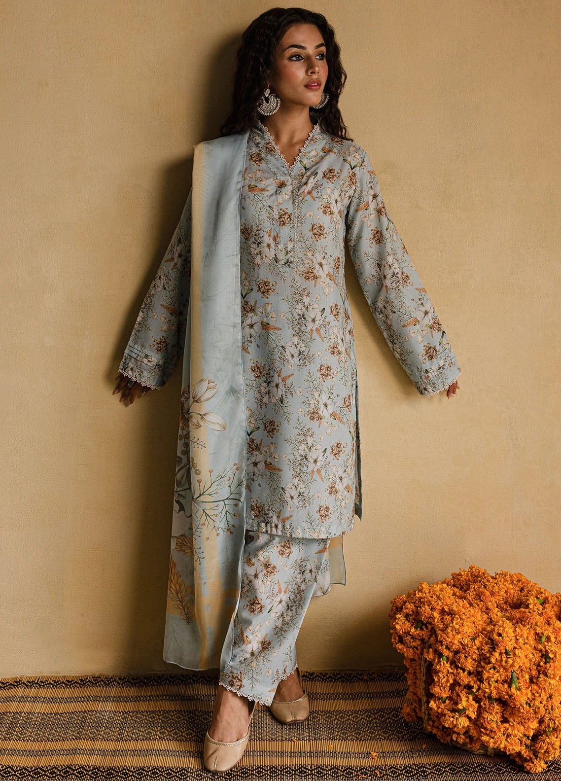 Mannat Pret Printed Raw Silk 3 Piece Suit Falak