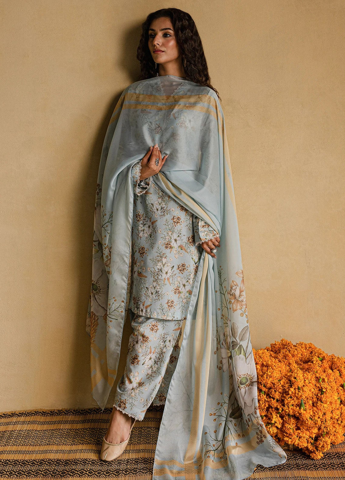 Mannat Pret Printed Raw Silk 3 Piece Suit Falak