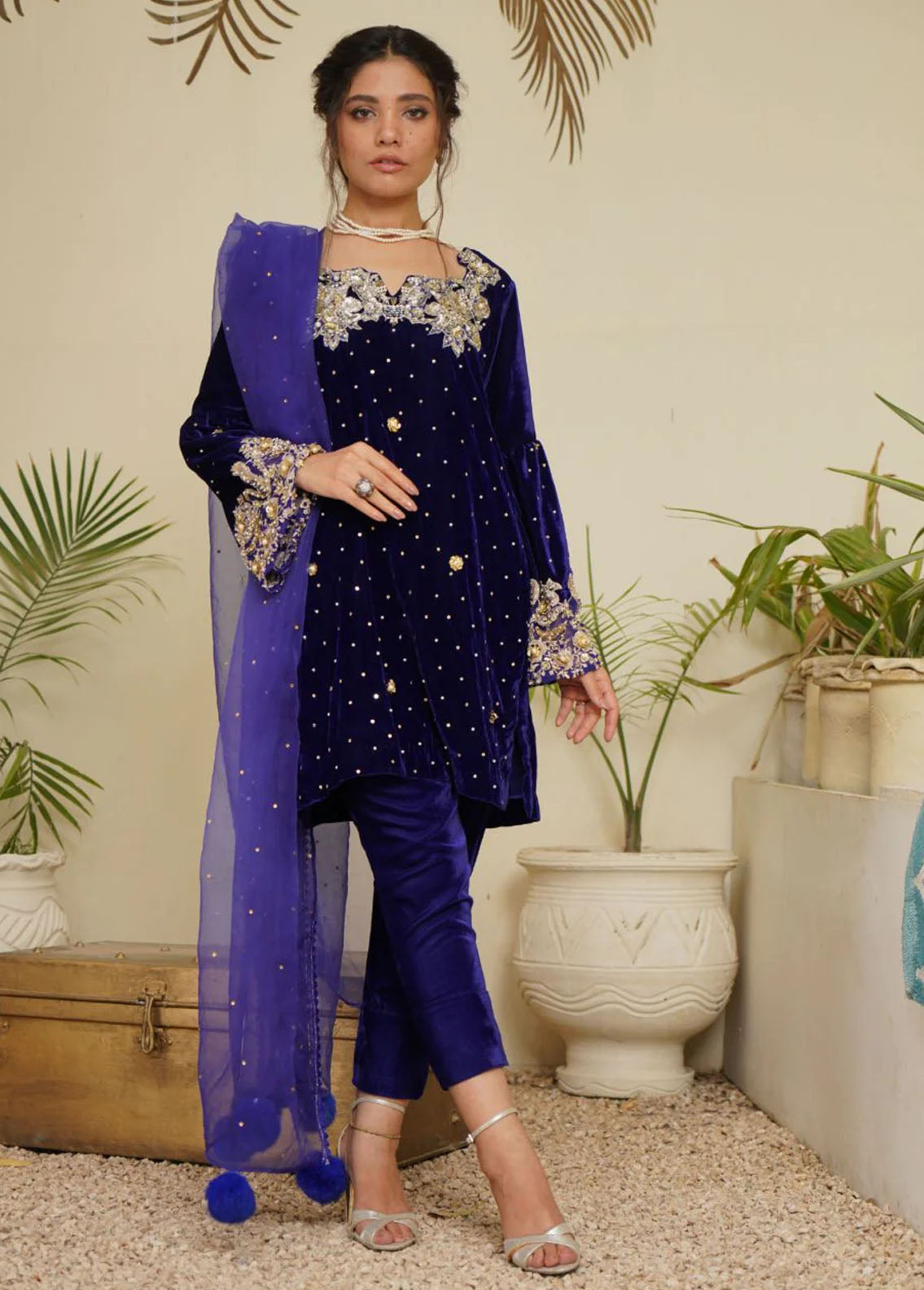 Maroon by Iqra Chaudhry Pret Embroidered Velvet Shirt Rich Blue